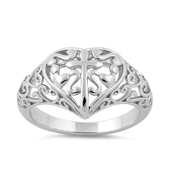 Sterling Silver Cross and Multiple Hearts Ring New - Picture 2 of 7